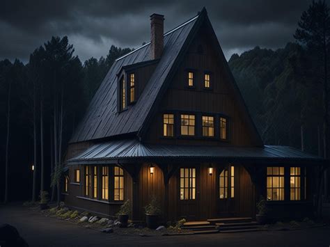 Premium AI Image | Wooden cottage in the forest at night with lights in ...