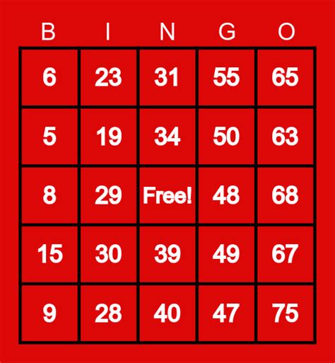 Number Bingo 1-75 Bingo Card