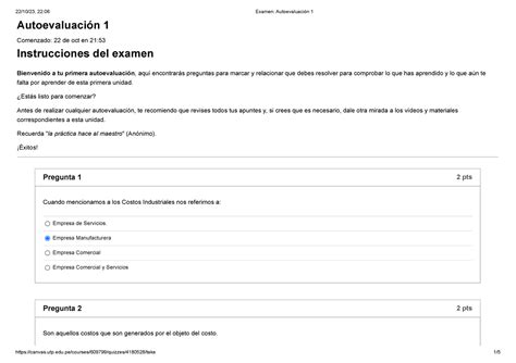 Examen Autoevaluaci N Costos Y Presupuestos Autoevaluaci N