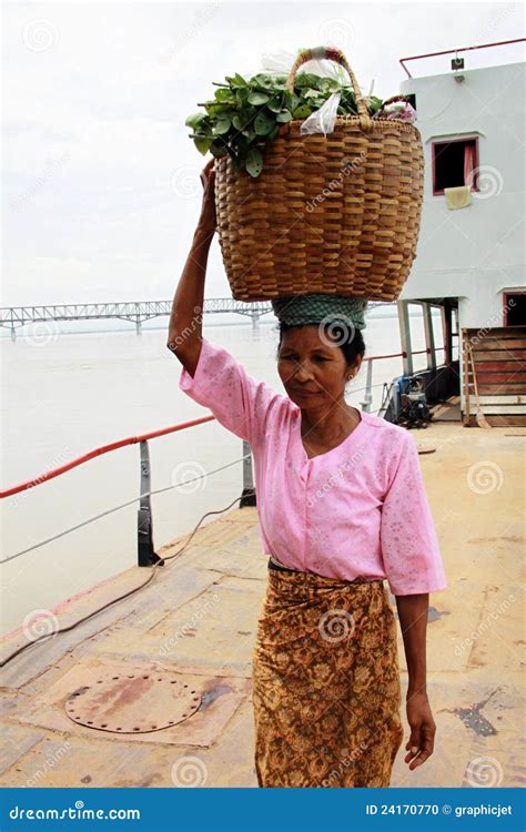 Myanmar Woman Carrying A Basket On Her Head Editorial Image Image Of