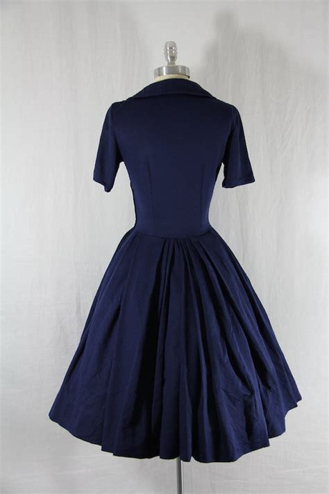 1950s Vintage Dress Navy Blue Full Skirt Sailor Inspired