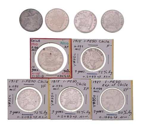 Lot - LOT OF 9 ASSORTED CHILE 1 PESO SILVER COINS