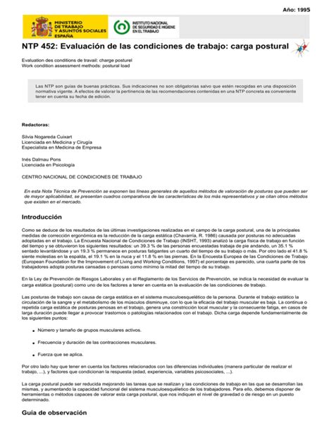 Nueva ventana NTP 452 Evaluación de las condiciones de trabajo carga