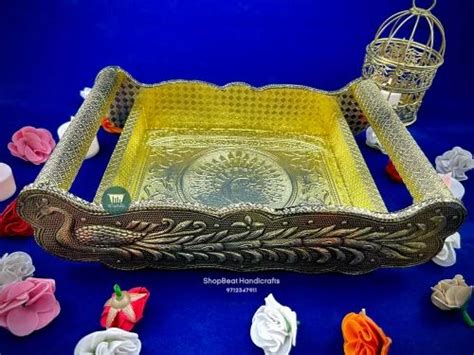 Shopbeat Golden Oxidised Peacock Wooden Serving Tray With Stainless