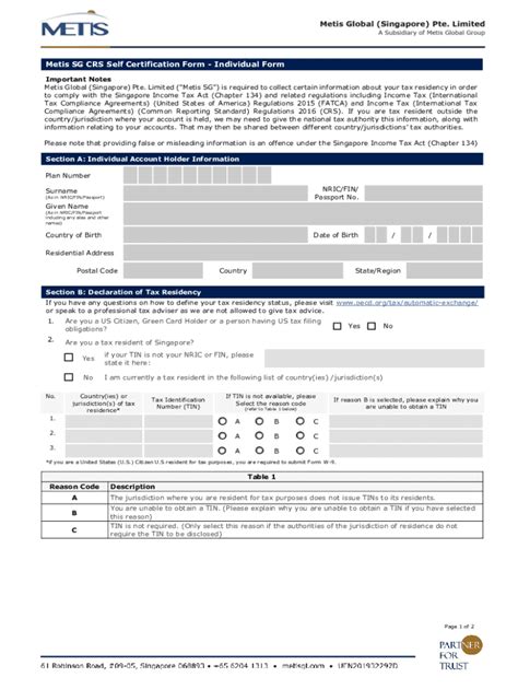 Fillable Online Crs Self Certification Form For Individualsinglife Fax