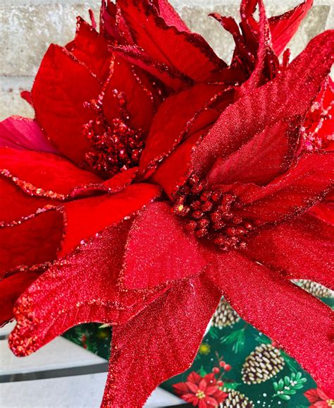 Red Glitter Poinsettia Arrangement Seasonal Decor Christmas Etsy