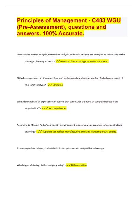 Principles Of Management C Wgu Pre Assessment Questions And