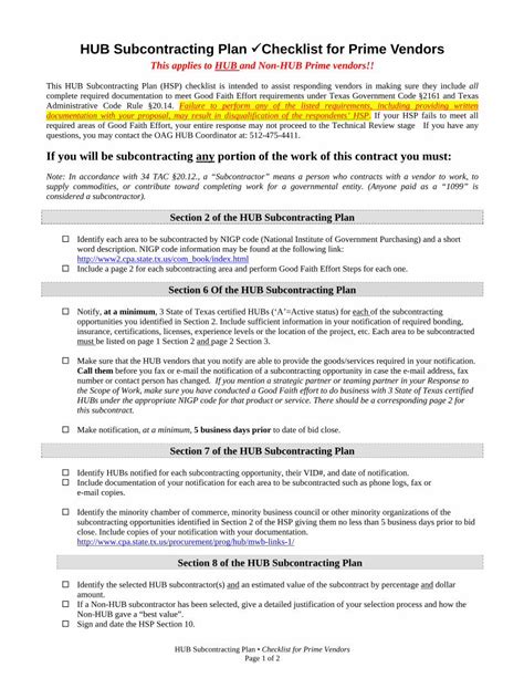 Pdf Hub Subcontracting Plan Checklist For Prime Vendors