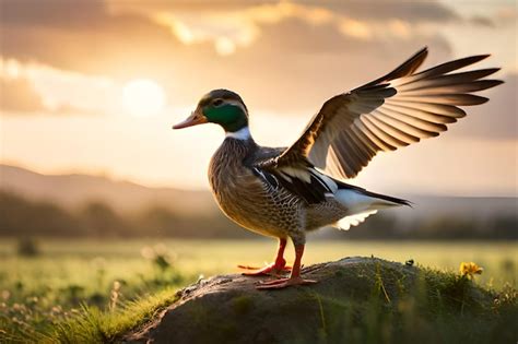 Premium Photo A Duck With Its Wings Spread Stands On A Rock In Front