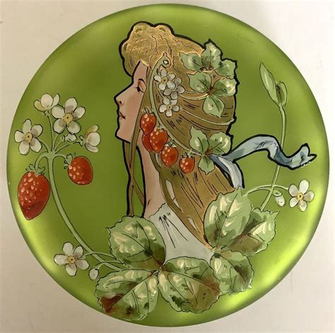 Antique Karl Pohl Art Nouveau Hand Enameled Mucha Type Maiden Art Glass