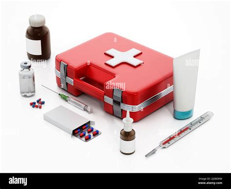 First Aid Kit Medical Tools And Medicine Isolated On White Background