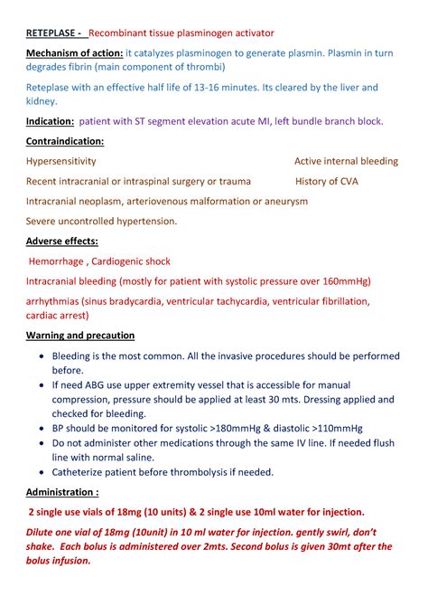 Reteplase - Lecture notes - RETEPLASE - Recombinant tissue plasminogen ...