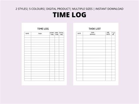 Time Log Printable Time Spent Tracker Work Log Working Etsy UK