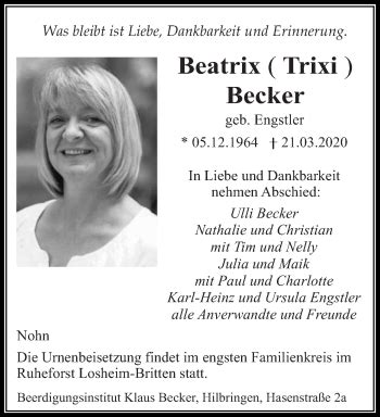 Traueranzeigen Von Beatrix Becker Saarbruecker Zeitung Trauer De