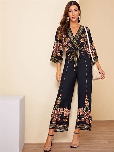 Shein Surplice Wrap Random Floral Belted Wide Leg Jumpsuit Shein