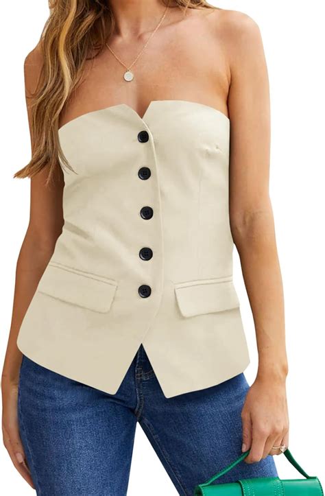 Cicy Bell Notched Neck Tube Tops Blazer Sleeveless Button Fitted