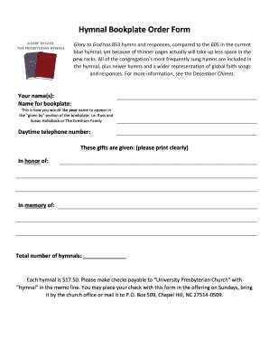 Fillable Online Upcch Hymnal Bookplate Order Form Upcch Fax Email