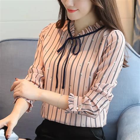 2018 Summer Women Long Sleeve Chiffon Blouse Lady Striped Pink Pearl