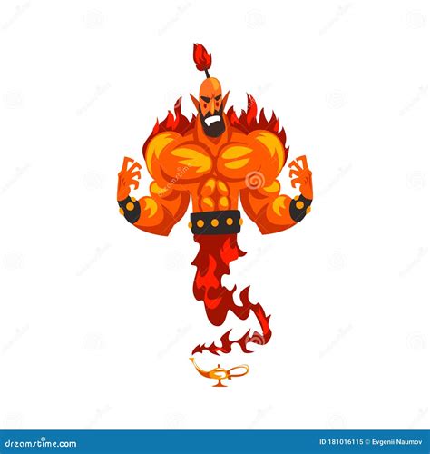 Fire Genie Coming Out of Lamp, Oriental Arabian Fairy Tale Cartoon Character Vector Illustration ...