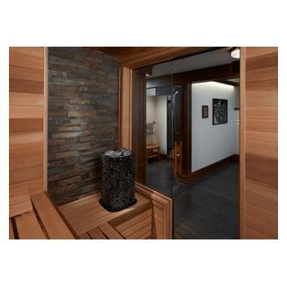 Custom Finnleo Sauna With Himalaya Heater And Stone Wall Modern