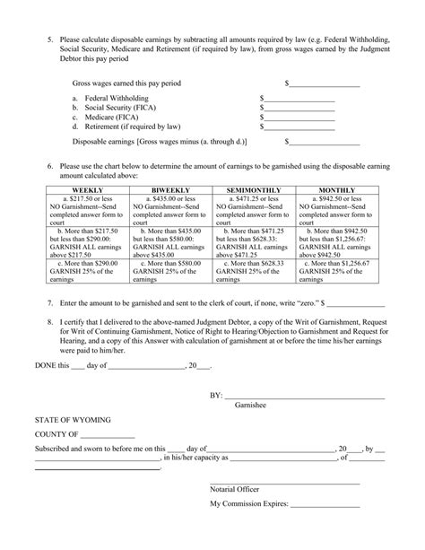 Wyoming Verified Answer To Writ Of Continuing Garnishment Fill Out