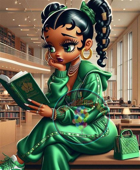 Black Betty Boop Wearing Green Sitting In Library Reading Etsy