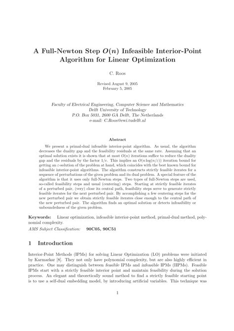 PDF A Full Newton Step O N Infeasible Interior Point Algorithm For