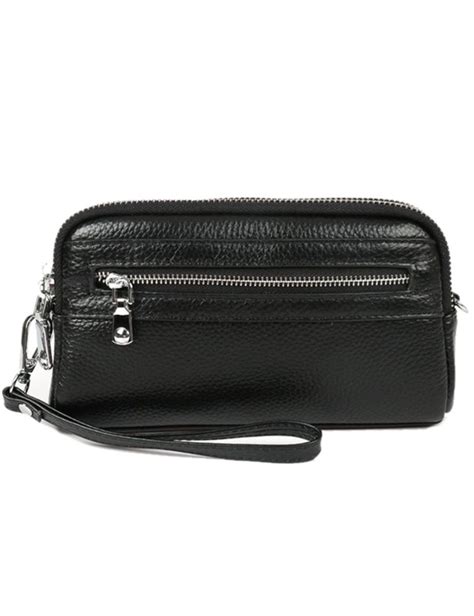 Genuine Leather Shoulder Bag With Front Pocket Zipper Black W Lane