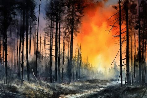 Premium AI Image | A painting of a forest with a fire in the background.