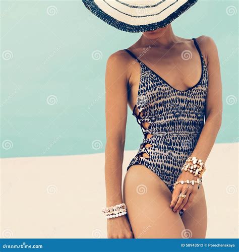 Fashion Vacation Glamorous Lady In Stylish Swimsuit And Accesso Stock