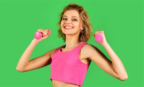 Happy Fitness Woman Lifting Dumbbells Sport Training Sports And