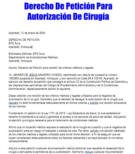 Derecho De Peticion Para Autorizacion De Cirugia Tramitaloya Co