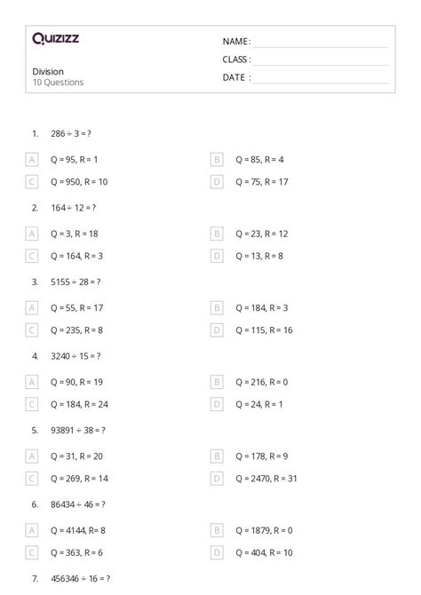 50 Division Worksheets For 6th Class On Quizizz Free Printable