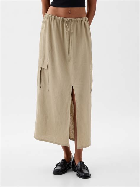 Linen Blend Cargo Midi Skirt Gap