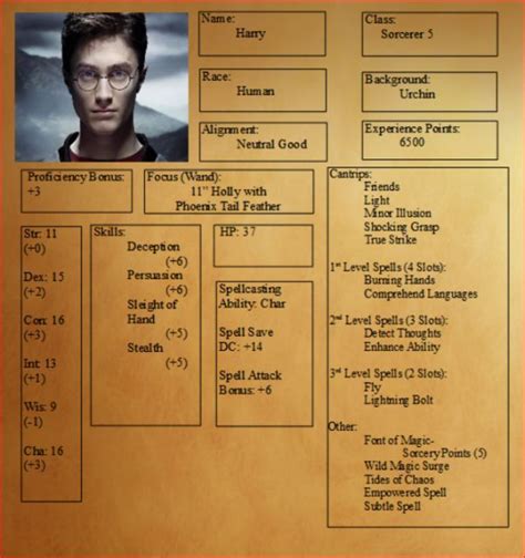 Harry Potter Dungeons And Dragons Character Sheets