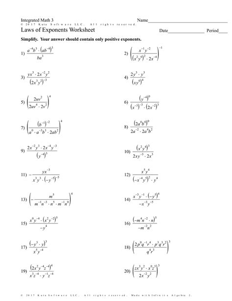 Free Printable Exponent Rules Worksheets [PDF] Answers Grade 1-12