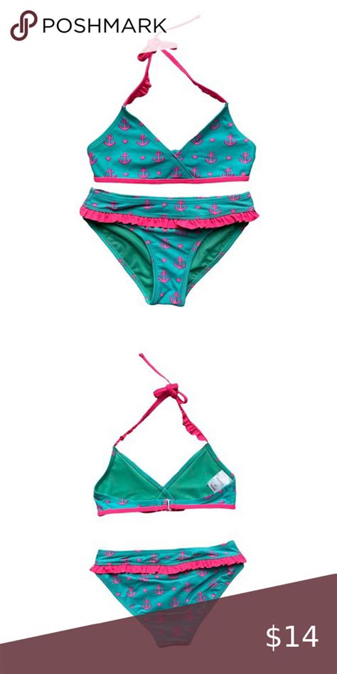 Girls Small Xhilaration Turquoise Blue Neon Pink Ruffle Anchor Bikini