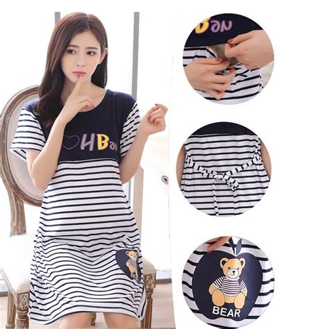 Summer Striped Maternity Pajamas Pregnant Women Feeding Dress Short