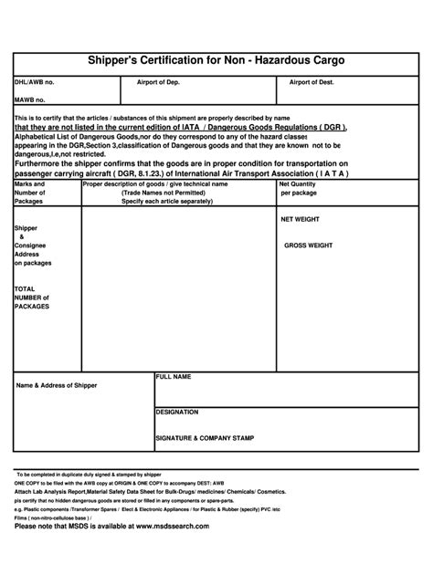 Fillable Online Shipper S Certification For Non Hazardous Cargo Fax