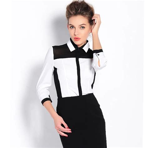 Black And White Color Block Chiffon Business Office Blouses And Shirts