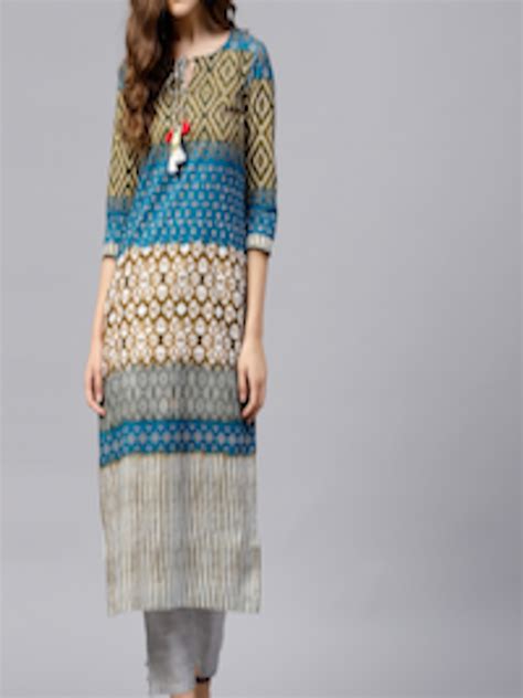 Buy Rain And Rainbow Women Teal Blue And Mustard Yellow Printed Straight