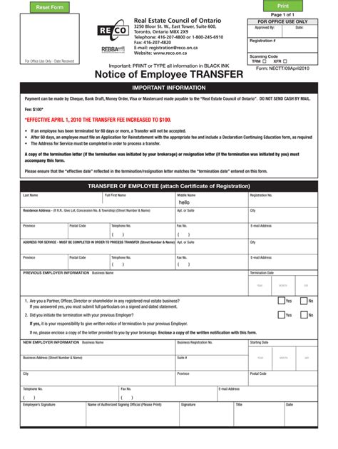 Fillable Online Complete Notice Of Employee Transfer RECO Form Fax