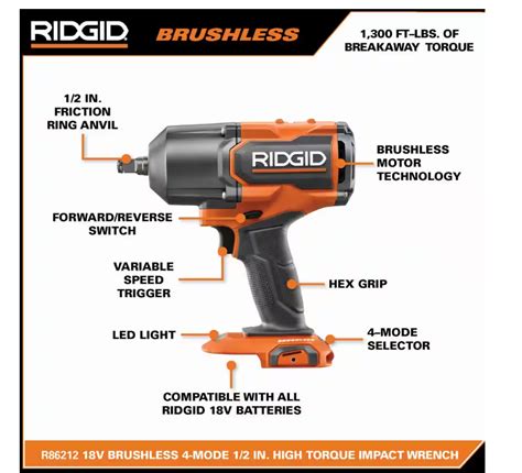 Rigid 18v Brushless Cordless 4 Mode 1 2 In High Torque Impact Wrench