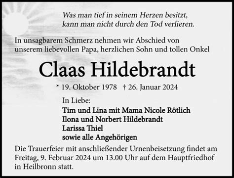 Traueranzeigen Von Claas Hildebrandt Trauerundgedenken De