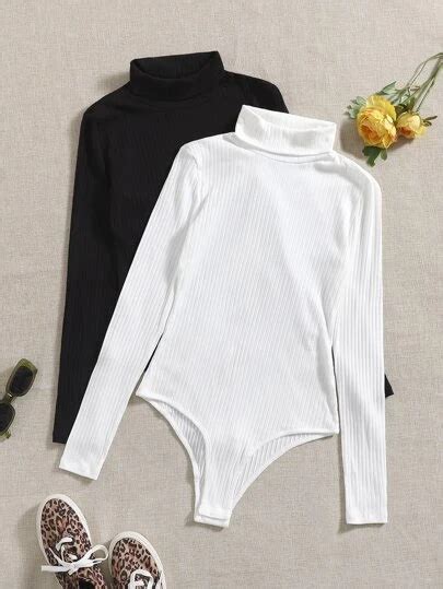 Shein Pcs Turtle Neck Ribbed Knit Bodysuit Ropa Ropa De Mujer Moda