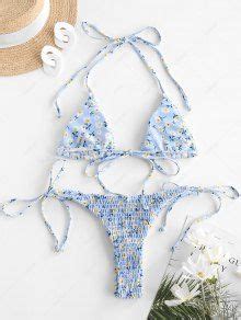 ZAFUL Ditsy Print Smocked String Bikini Swimwear In LIGHT BLUE ZAFUL 2024