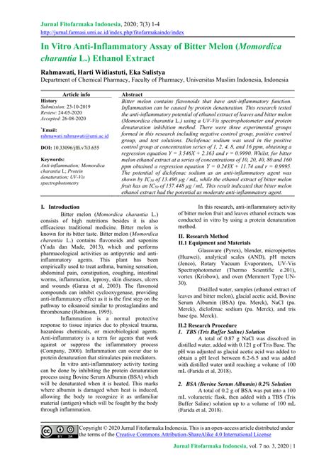 Pdf In Vitro Anti Inflammatory Assay Of Bitter Melon Momordica Charantia L Ethanol Extract