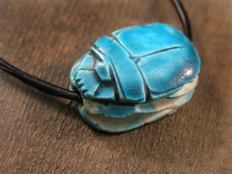 Vintage Turquoise Egyptian Scarab Beetle Necklace On A Black