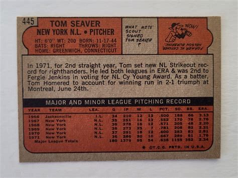 1972 Topps 445 Tom Seaver New York Mets HOF Baseball Card EX MT EBay