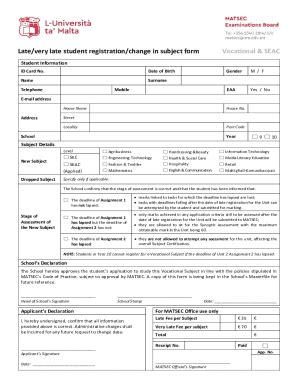 Fillable Online Late Very Late Student Registration Change In Subject